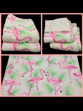 2 Tropical Pink Flamingo Palm Leaf Bathroom Hand Towel Set Deborah Connolly New